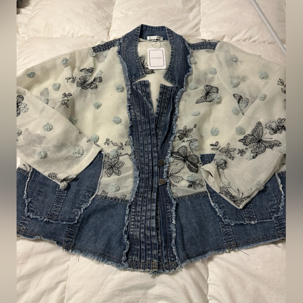 Adore Blue Embroidered Mixed Media Jean Jacket - NWT - Size M oversized - Picture 3 of 14